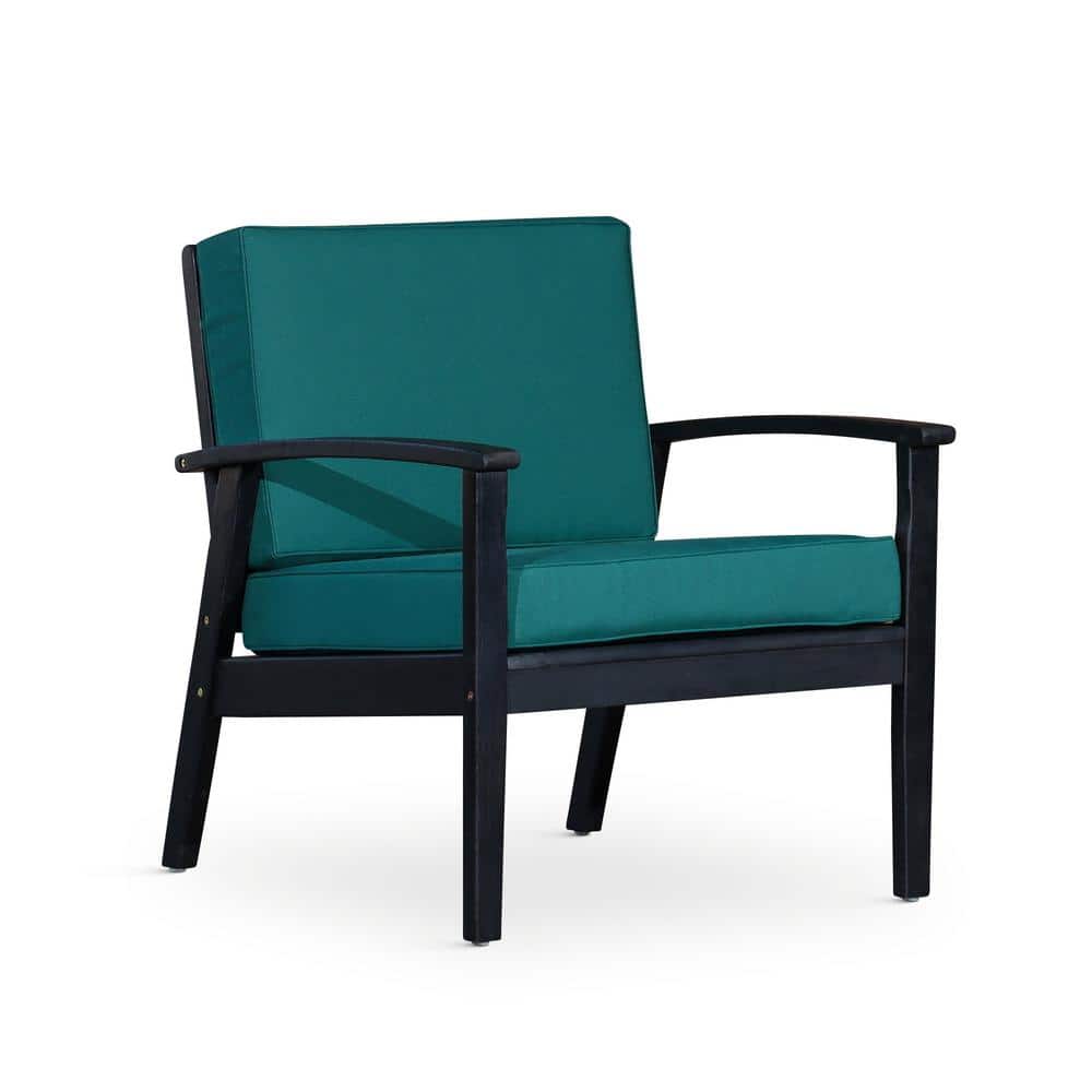 Espresso Deep Seat Eucalyptus Wood Outdoor Lounge Chair with Dark Green Cus