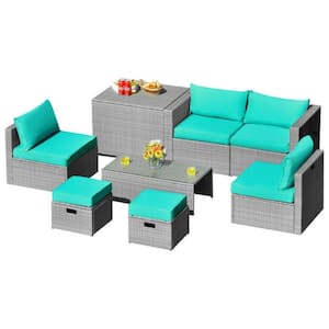 8-Piece Wicker Patio Conversation Set Furniture Set with Turquoise Cushions and Space-Saving Design