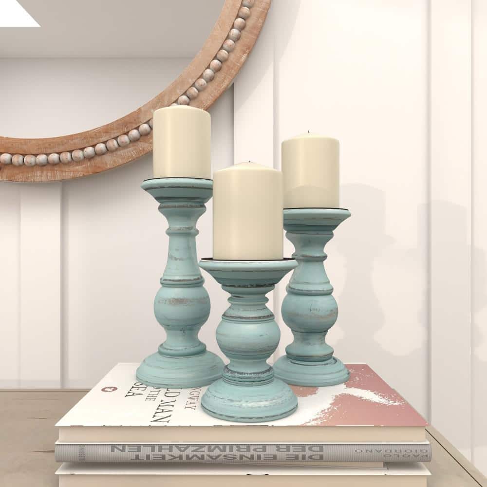 Light Blue Mango Wood Pillar Candle Holder Set, 6", 8", 10"