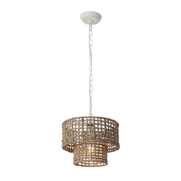 LWYTJO 1-Light 2-Tier Distressed White Woven Rattan Farmhouse Chandelier Boho Modern Hanging Pendant Light Fixture