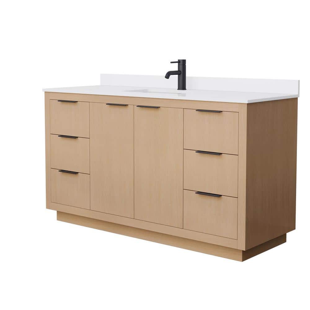 Light Straw Oak Single Bathroom Vanity with White Marble Top