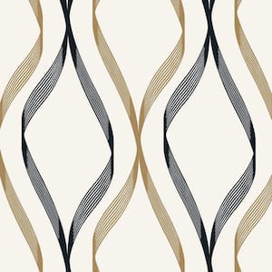 Metallic Gold and Ebony Wave Ogee Unpasted Nonwoven Wallpaper Roll 57.5 sq. ft.