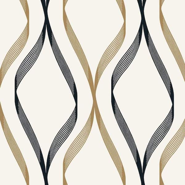 Seabrook Designs Metallic Gold and Ebony Wave Ogee Unpasted Nonwoven Wallpaper Roll 57.5 sq. ft.