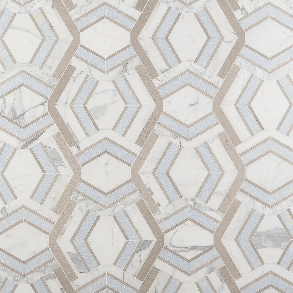 Cream and Blue Geometric Polished Marble Mosaic Tile 11x18