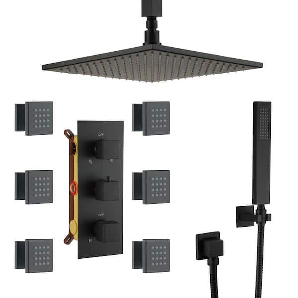 6-Spray 12 in. LED Thermostatic Dual Shower Head Ceiling Mount Fixed and Handheld Shower Head 2.5 GPM in Matte Black