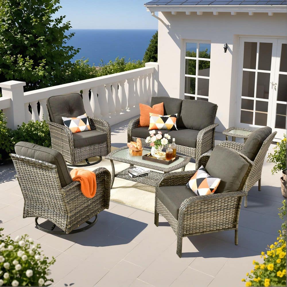 Noah Gray 7-Piece Wicker Outdoor Patio Conversation Comfortable Sofa Set with Swivel Chairs and Black Cushions price history on PriceWatchPro