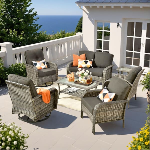 Caodoc Noah Gray 7-Piece Wicker Outdoor Patio Conversation Comfortable Sofa Set with Swivel Chairs and Black Cushions