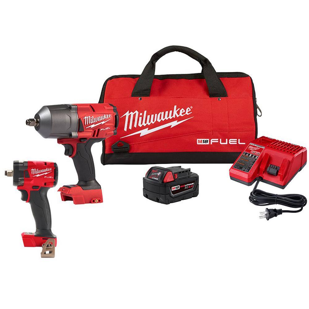 Milwaukee M18 Fuel 18V Lithium-Ion Brushless Cordless 1/2 in. Impact Wrench with Friction Ring Kit with Compact Impact Wrench