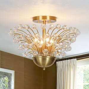 Yvon 4-Light 18.1 in. W Brass Fan Crystal Semi Flush Mount Light for Living Room and Dining Room
