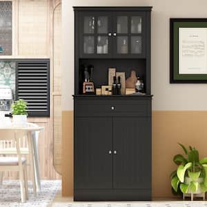 Black Wooden 29.9 in. Width Buffet, Sideboard Cabinet with Transparent Doors, Drawer, Adjustable Shelves and Hutch