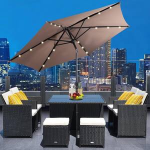 9 ft. Steel Market Solar Tilt Patio Umbrella with Crank and LED Lights in Tan