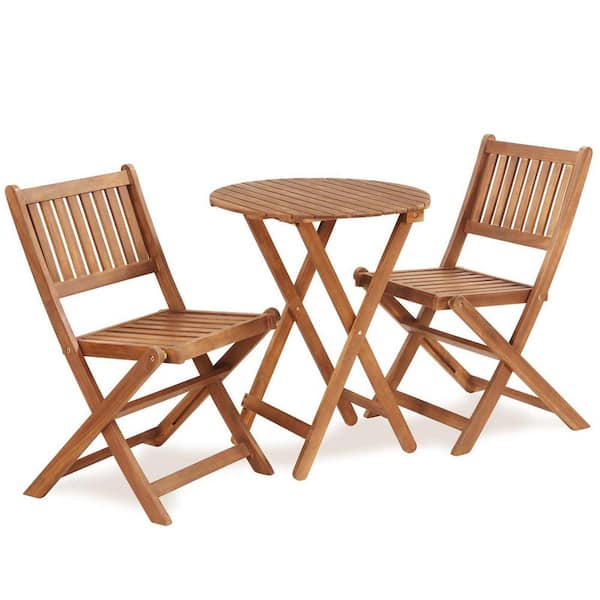 Unbranded Light Brown 3-Piece Acacia Wood Outdoor Bistro Set Patio Dining Set Foldable Table and Chair Sets