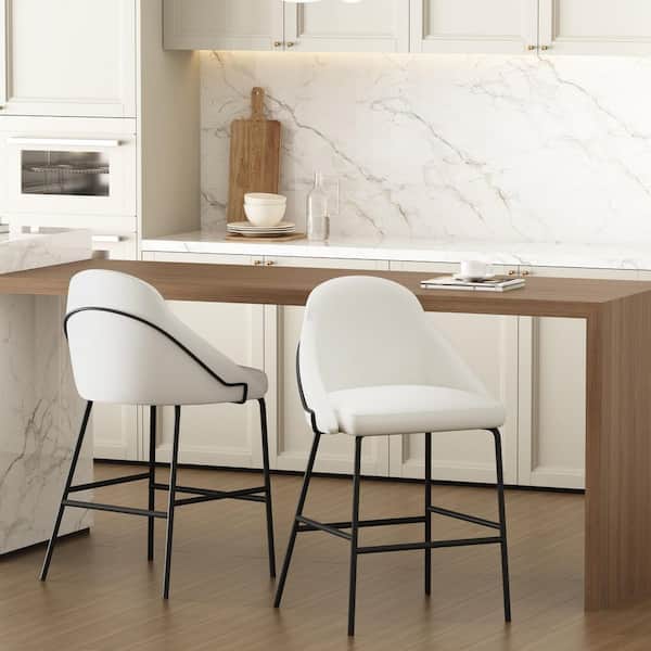 Gracie 26 in. Modern White and Black Metal Frame Counter Height Bar Stool with Faux Leather Upholstered Seat (Set of 2)