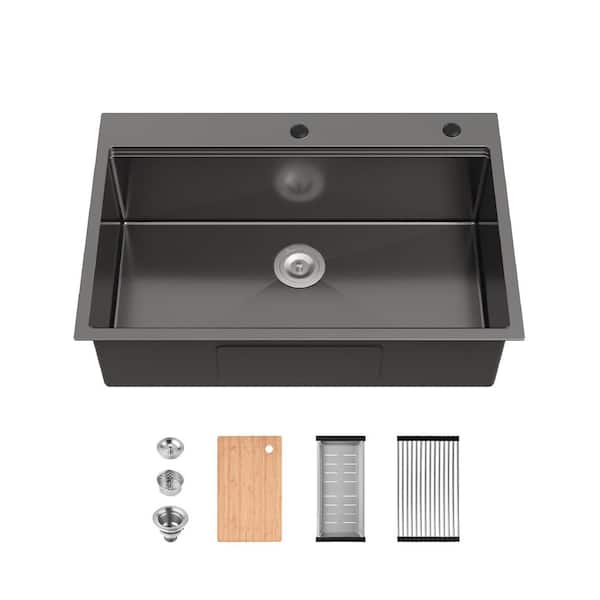 33 in. x 22 in. Drop-in Stainless Steel Kitchen Sink, Single Bowl, in Black, with Cutting Board, Colander