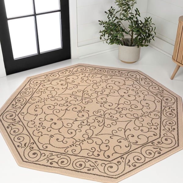 Charleston Vintage Filigree Textured Weave Beige/Brown 8 ft. Octagon Indoor/Outdoor Area Rug