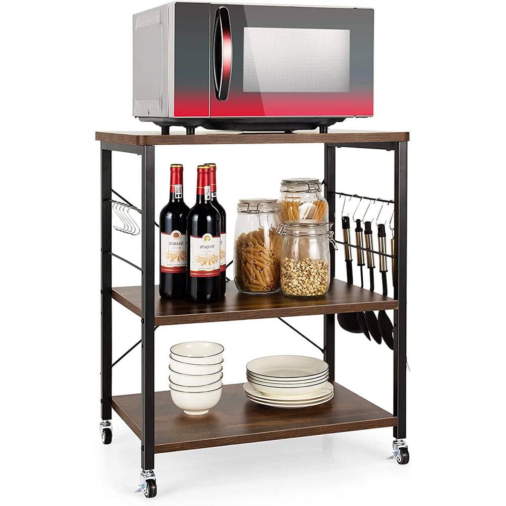 3-Tier Brown Wood Kitchen Cart with 10-Hooks - thumbnail 2