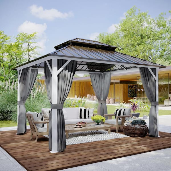 COOS BAY 10 ft. x 12 ft. White Outdoor Double Galvanized Steel Roof Gazebo with Ceiling Hook, Fully Enclosed Netting and Curtains