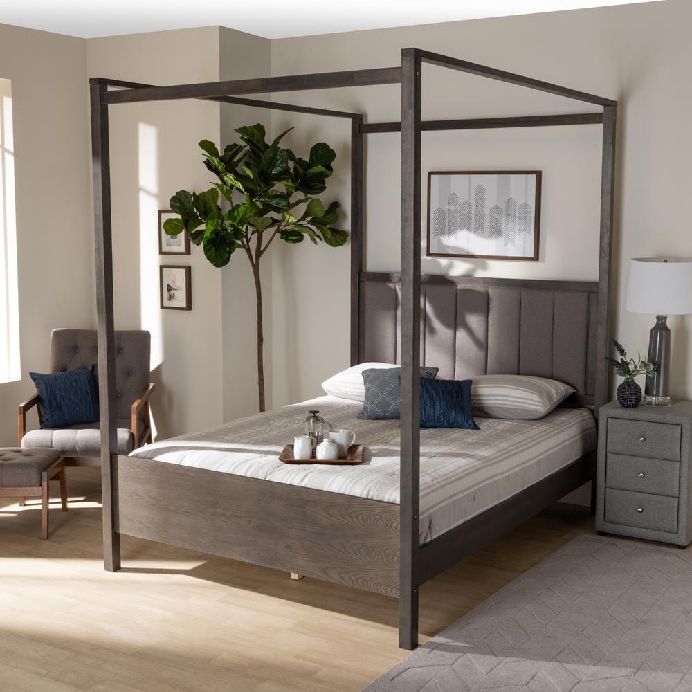 Natasha King Size Dark Grey Oak and Grey Fabric Tufted Platform Canopy Bed
