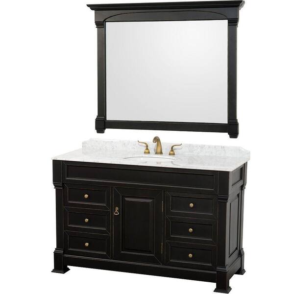 Wyndham Collection Andover 55 in. Vanity in Antique Black with Marble Vanity Top in Carrera White and Mirror