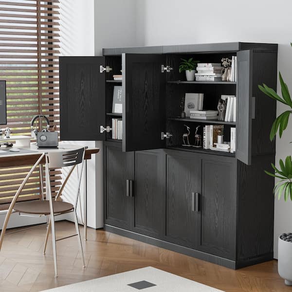 62 in. Tall 62 in. W Black Wood 8-Shelf Standard Bookcase with Adjustable Interior Shelves, Doors Storage