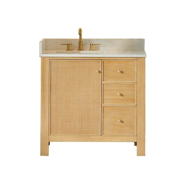 Cedar 36 in. Single Freestanding Natural Wood Bath Vanity with Grain White Engineered Stone Top Assembled