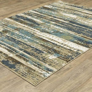 Ross Beige/Blue 2 ft. x 8 ft. Stripe Abstract Polypropylene/Polyester Fringed Indoor Runner Area Rug