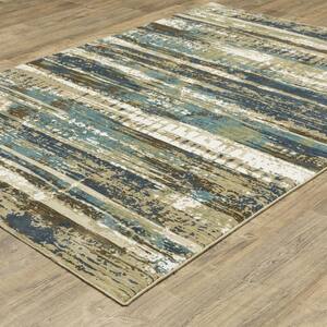 Ross Beige/Blue 5 ft. x 8 ft. Stripe Abstract Polypropylene/Polyester Fringed Indoor Area Rug