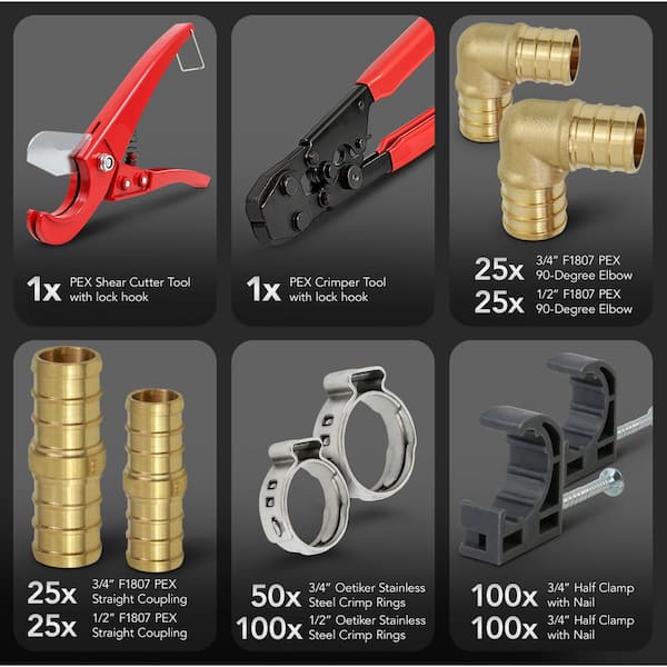 PEX Plumbing Kit - Crimper, Cutter Tool with Lock Hook, 3/4 in. Elbow Cinch & Half Clamp PEX Plumbing Kit - Crimper, Cutter Tool with Lock Hook, 3/4 in. Elbow Cinch & Half Clamp