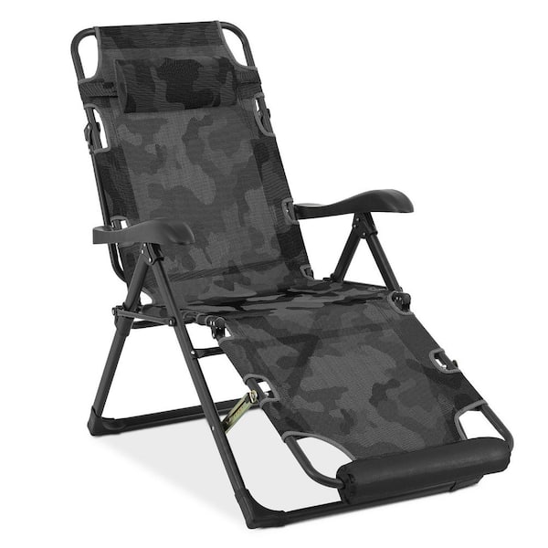 Patio Lounge Chair Adjustable Foldable Lawn Chair with Headrest and Foot Pad Metal Outdoor Recliner with Camo Cushions