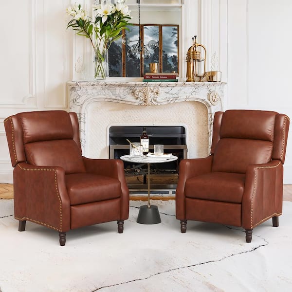 cozyman Lange 28 in. W Red Brown Genuine Leather Nailhead Trim Recliner Chair Arm Chair with Wooden Legs (Set of 2)