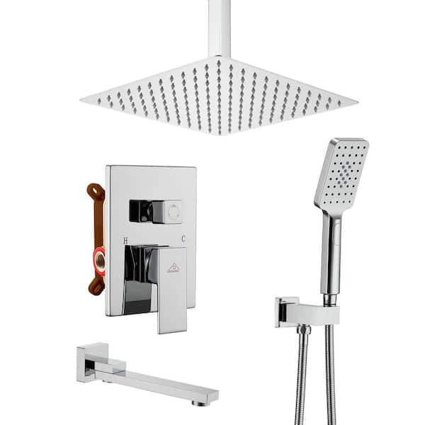  3-Spray Patterns 10 in. Ceiling Mount Dual Shower Heads with Hand Shower & Tub Spout in Chrome (Valve Included)