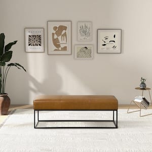 Trevino 48 in. Mid-Century Modern Genuine Leather Bedroom Bench in Tan