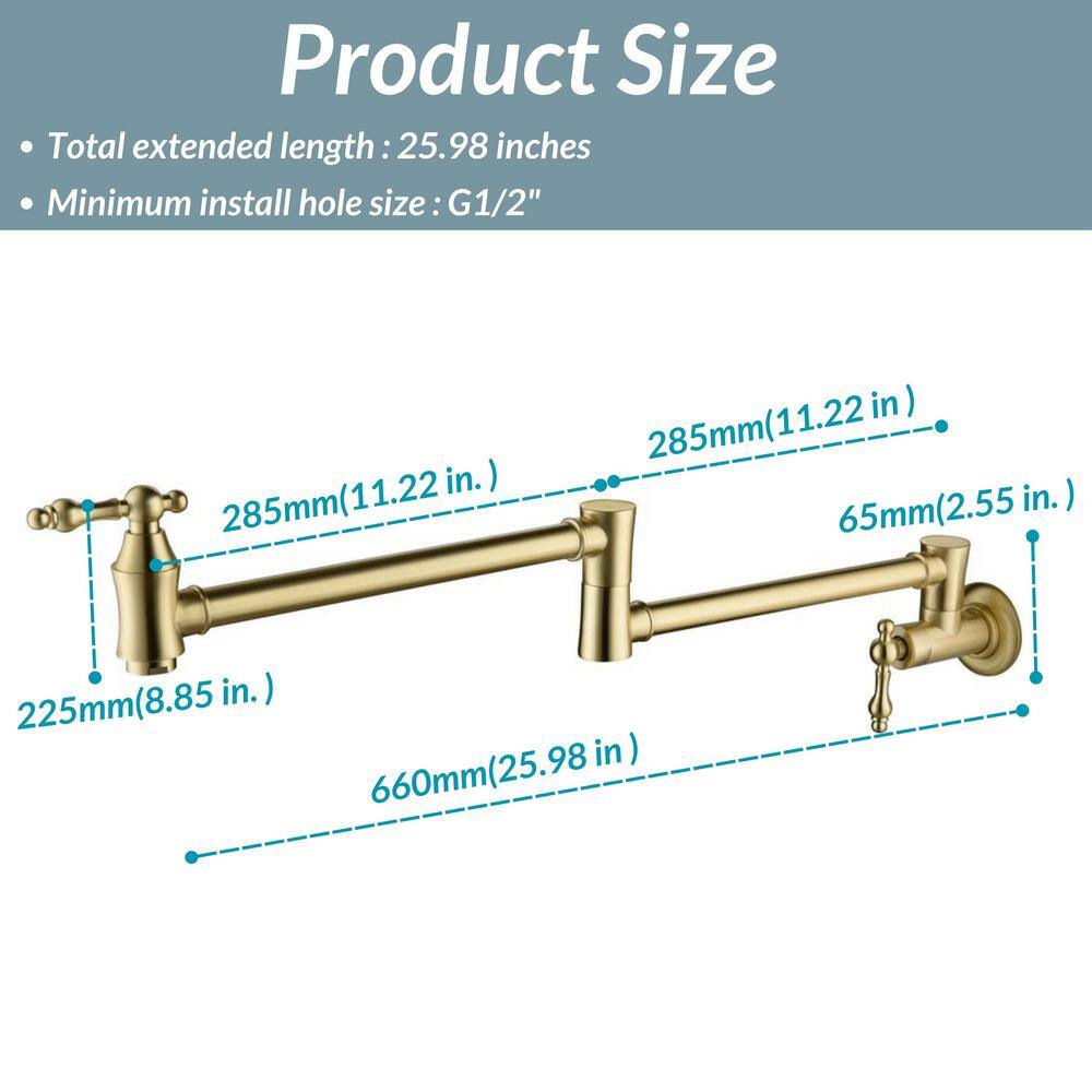 Brushed Gold Solid Brass Wall-Mounted Pot Filler Faucet