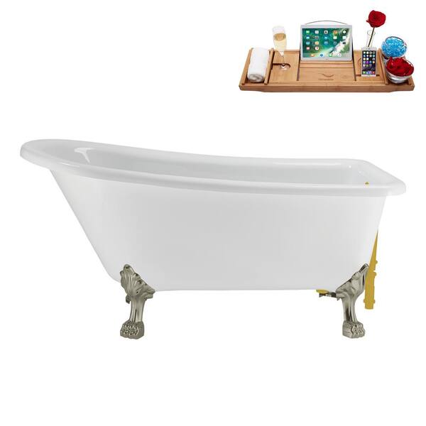 Streamline 58 in. x 28 in. Acrylic Clawfoot Soaking Bathtub in Glossy White with Brushed Gold Drain, Brushed Nickel Clawfeet