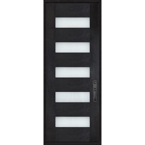 Regency 36 in. x 80 in. 5L Modern Frosted Glass LHIS Onyx Stain Fiberglass Prehung Front Door w/8011 Black Lockset
