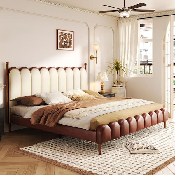 Cascade Brown Plus Beige PU Leather Upholstered Wood Frame King Size Platform Bed with Headboard