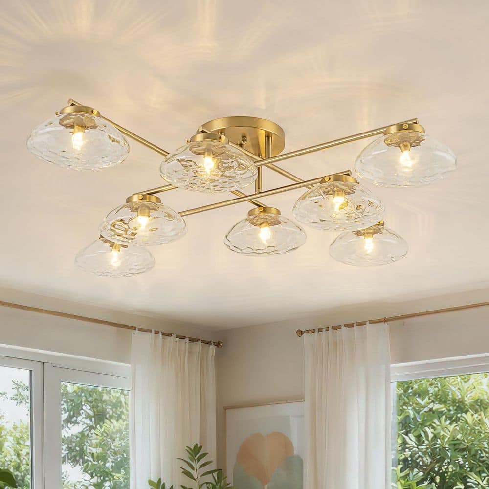 Cate 8-Light 43.3-in W Modern Glam Brushed Gold Sputnik Semi-Flush Mount with Water Ripple Glass for Living Room price history on PriceWatchPro
