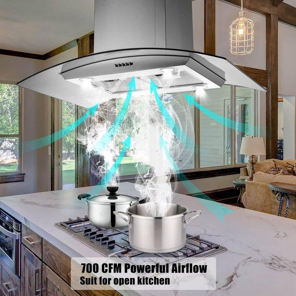 36-Inch Stainless Steel Island Range Hood with LED Lights
