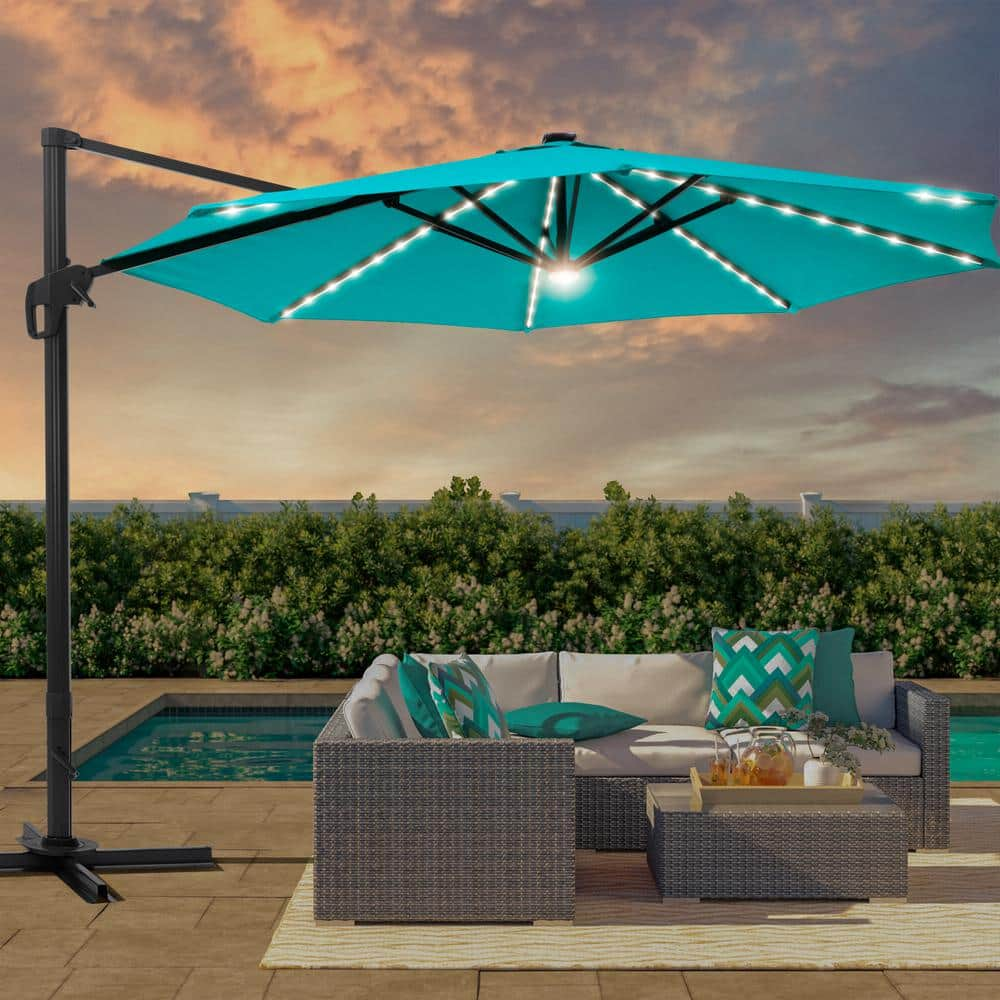 JOYESERY 11 ft. Round Aluminum Frame Outdoor Cantilever LED Umbrella Patio Umbrella 360° Rotation System in Lake Blue