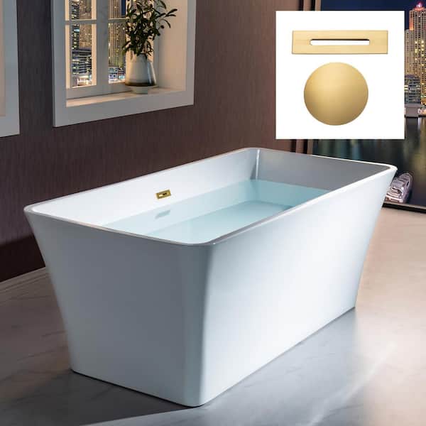 WOODBRIDGE Leicester 59 in. Acrylic Freestanding Flat bottom Double Ended Soaking Bathtub with Drain and Overflow Included in White
