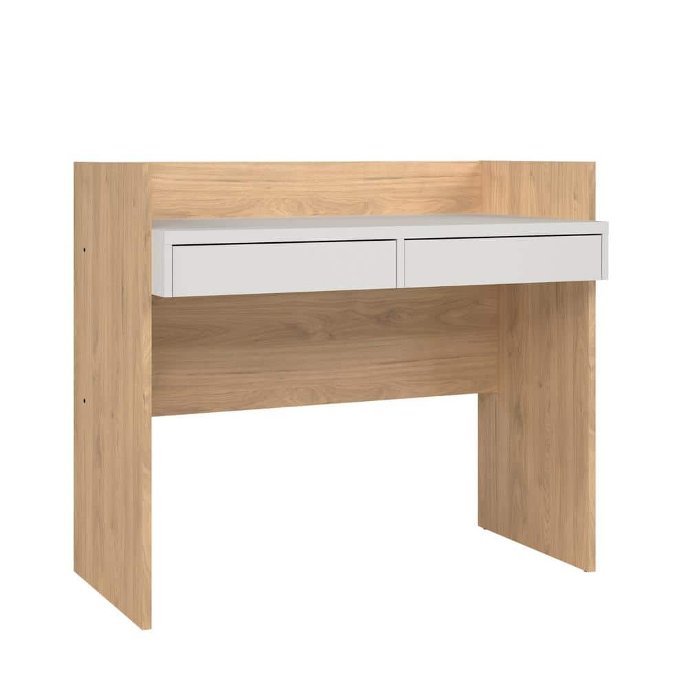 Compact White and Hickory Wood Writing Desk with Drawers