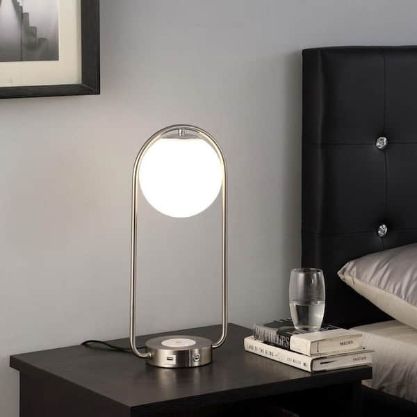 Borealis 19 in. Retro Brushed Steel Silver Table Lamp with Charging Pad and USB Port