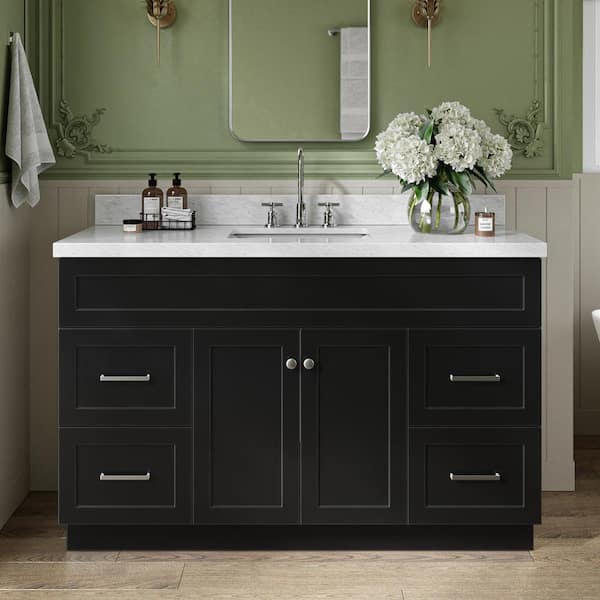 Hamlet 55 in. W x 22 in. D x 36 in. H Bath Vanity in Black with Carrara White Marble Top