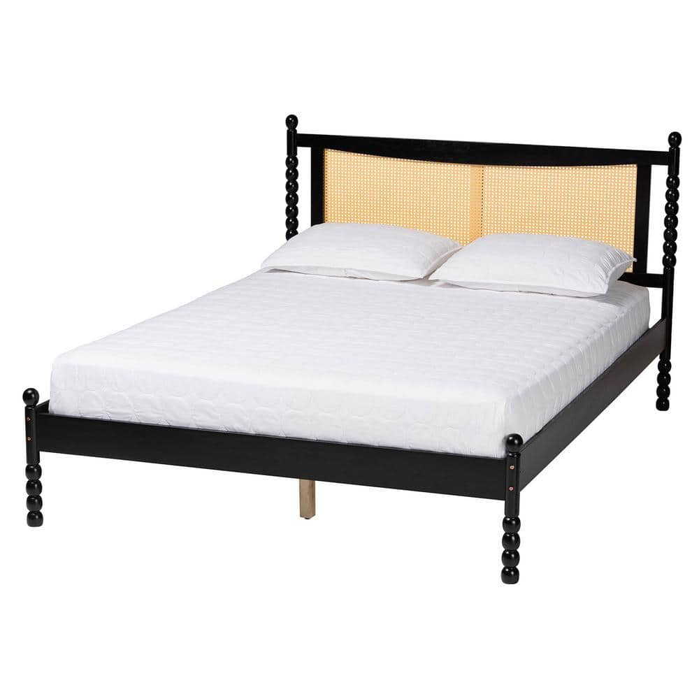 Okena Black Wood Queen Platform Bed with Woven Rattan Headboard