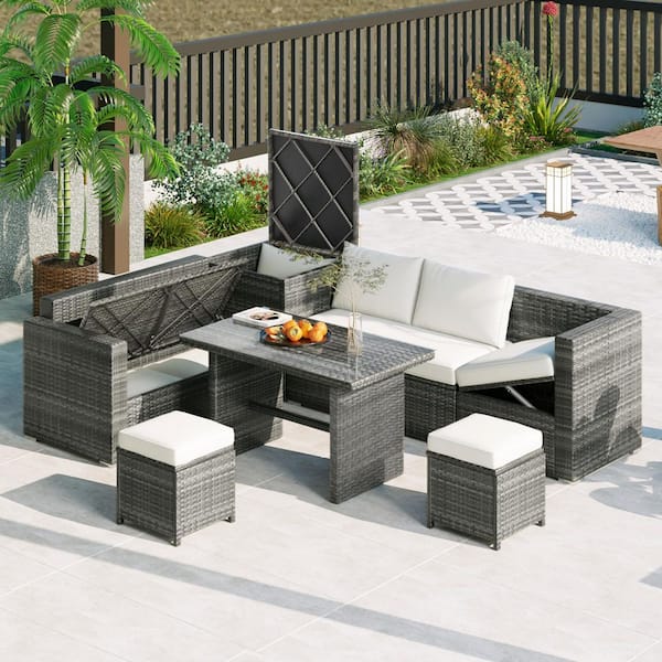 Unbranded Gray 6-Piece Wicker All Weather Outdoor Sectional, Patio Dining Set with Adjustable Seat, Storage Box, Beige Cushions