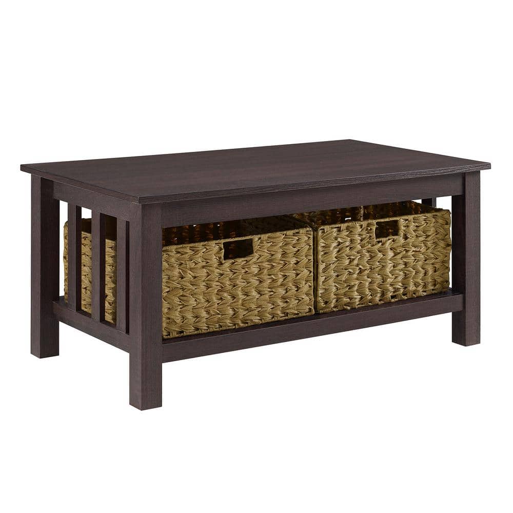 Espresso Elegance 40" Rectangular Coffee Table with Wicker Storage Baskets