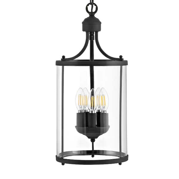 MLiAN 5-Light Matte Black Lantern Pendant Light with Clear Glass Shade