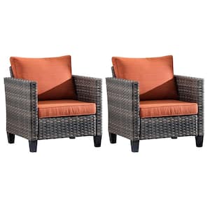 Megon Holly Gray Stationary 2-Piece Wicker Outdoor Patio Lounge Chair with Orange Red Cushions