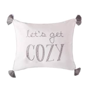 Camden White, Grey Let's Get Cozy Embroidered Tassel 16 in. x 20 in. Throw Pillow