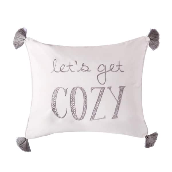 LEVTEX HOME Camden White, Grey Let's Get Cozy Embroidered Tassel 16 in. x 20 in. Throw Pillow